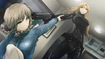 HD desktop wallpaper featuring Moeka Kiryū and Suzuha Amane from the anime Steins;Gate, depicted in an intense action scene.