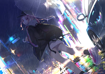 Anime girl with pink hair and pink eyes under an umbrella in the rain, surrounded by neon city lights. This HD wallpaper captures an original urban night scene.