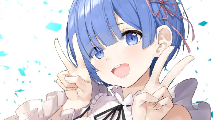 HD anime desktop wallpaper featuring Rem from Re:Zero - Starting Life in Another World, smiling and making a peace sign with vibrant blue and white colors.