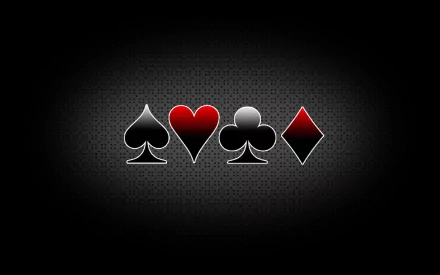A sleek HD desktop wallpaper featuring the iconic symbols of playing cards: spade, heart, club, and diamond, set against a dark, textured background.