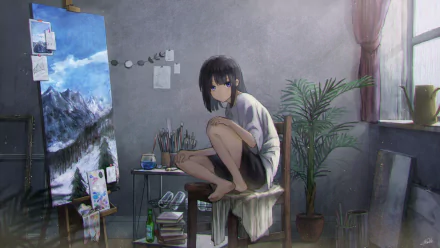 Anime-style drawing of a black-haired character sitting barefoot on a stool in a softly lit room, surrounded by art supplies and a window with sheer curtains.