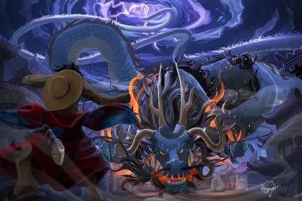 Anime wallpaper featuring Monkey D. Luffy facing Kaido from One Piece in an intense showdown with a dramatic, stormy background.