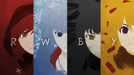HD PC wallpaper featuring anime characters Ruby Rose, Weiss Schnee, Blake Belladonna, and Yang Xiao Long from RWBY, each showcased in distinct colored vertical panels.