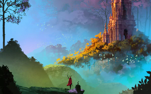 HD fantasy landscape wallpaper featuring a figure in a red cloak gazing at a towering, illuminated castle surrounded by lush greenery and a vibrant, misty sky.