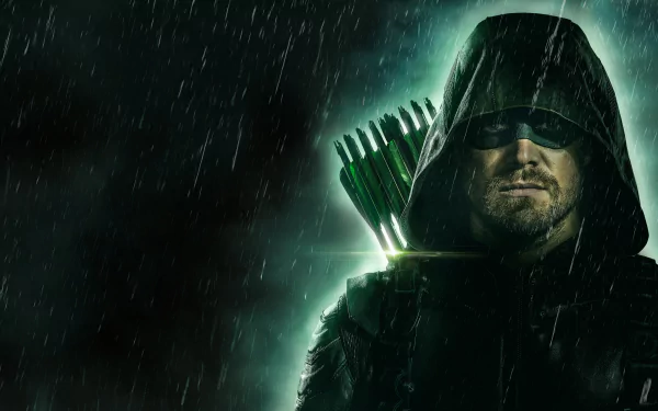 Stephen Amell as the Green Arrow from Arrow TV Show, depicted in a dark, rainy setting with 4K Ultra HD quality, suitable as a PC desktop wallpaper.