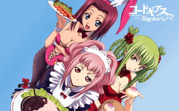 A vibrant HD wallpaper featuring Kallen Kōzuki, Anya Alstreim, and C.C. from Code Geass, showcasing their distinct styles and playful attitudes in an anime setting.