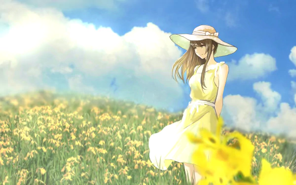 Anime-style original artwork of a girl in a wide-brimmed hat standing in a sunlit meadow under a bright blue sky, rendered in 4K Ultra HD for PC desktop wallpaper.