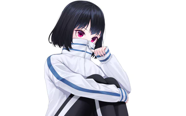 Anime original: black-haired girl with purple eyes, hiding her lower face behind a white jacket with blue stripes, seated against a white background — 4K Ultra HD PC desktop wallpaper.