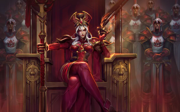 HD PC desktop wallpaper of Sally Whitemane from Heroes of the Storm, depicted in regal red armor seated on a throne with armored guards in the background.