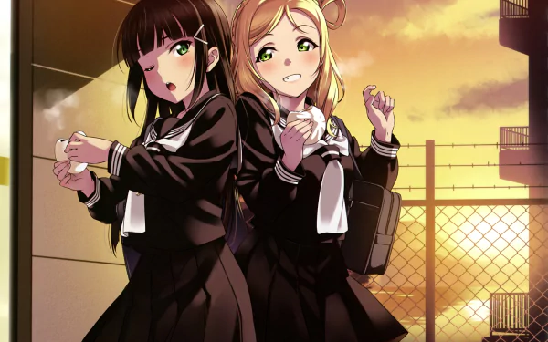 Mari Ohara and Dia Kurosawa from Love Live! Sunshine!! in school uniforms smiling at sunset, 2K Quad HD anime PC desktop wallpaper/background.