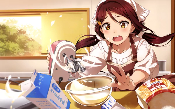 Riko Sakurauchi from Love Live! Sunshine!! is shown with yellow eyes and brown hair, looking surprised while cooking in a kitchen filled with ingredients and utensils.