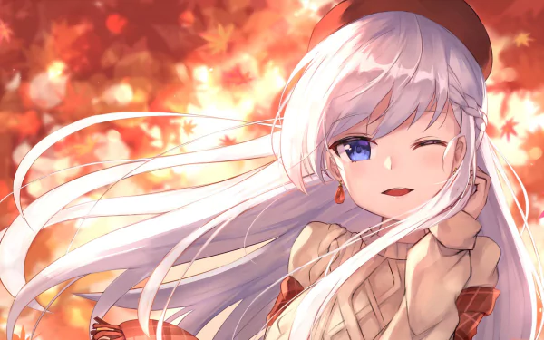 Anime-style HD wallpaper featuring Belfast from Azur Lane with long white hair and blue eyes, set against a warm autumn leaf background.