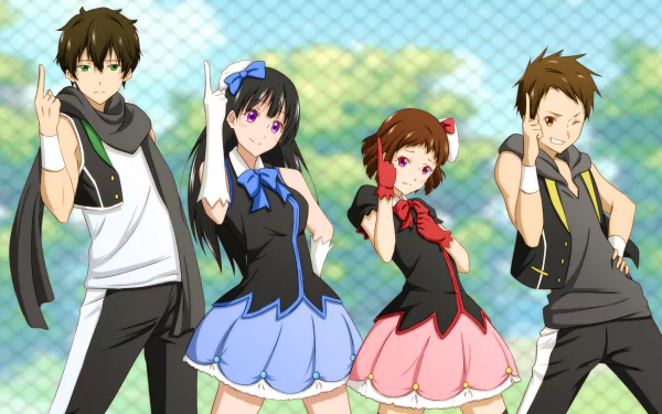 HD PC desktop wallpaper featuring Satoshi Fukube, Hōtarō Oreki, Mayaka Ibara, and Eru Chitanda from the anime Hyouka posing outdoors by a fence.
