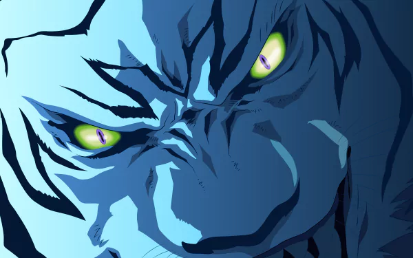Close-up of a blue-toned tiger with striking green eyes, inspired by Atsushi Nakajima from the anime Bungou Stray Dogs, rendered in 8K Ultra HD.