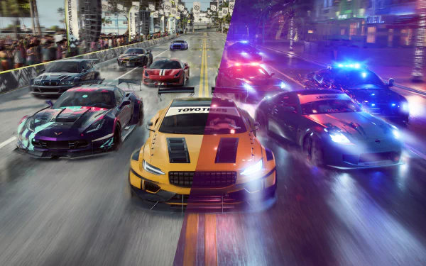 2K Quad HD PC wallpaper: Need for Speed Heat video game — sports cars racing on wet city streets, day-to-night split, chased by police with flashing lights.