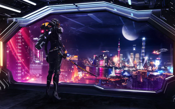 A futuristic cyberpunk warrior with a sword overlooks a vibrant sci-fi Shanghai cityscape under a glowing moon, blending advanced technology and neon-lit skyscrapers.