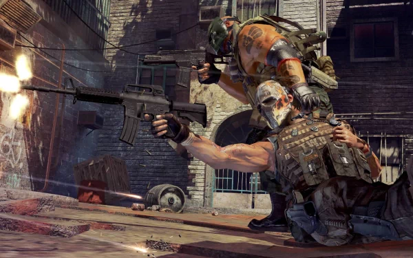 Army Of Two video game HD PC desktop wallpaper and background: two masked, heavily armed soldiers in urban combat, one kneeling and firing while the other covers.