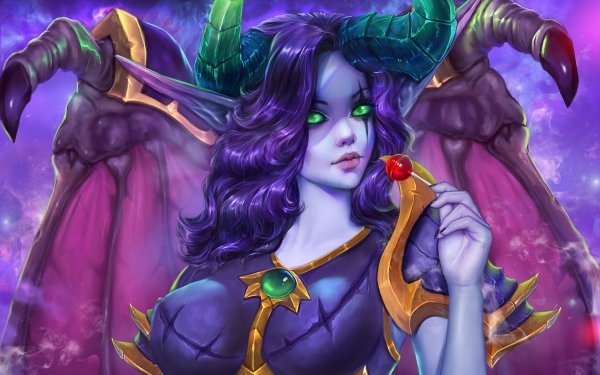 Video Game World Of Warcraft Warcraft Elf Horns Lollipop Night Elf Purple Hair Green Eyes HD Wallpaper | Background Image