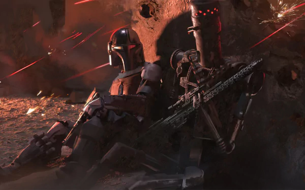 HD PC desktop wallpaper featuring IG-11 and The Mandalorian characters from the TV show The Mandalorian in a dramatic battle scene.