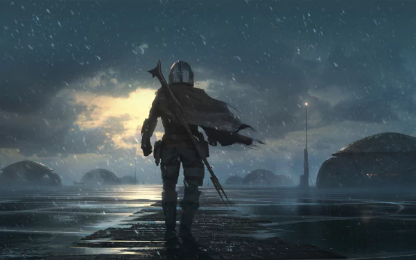 HD PC desktop wallpaper featuring The Mandalorian character from the TV show The Mandalorian, standing alone in a moody, rain-soaked landscape under a glowing sky.