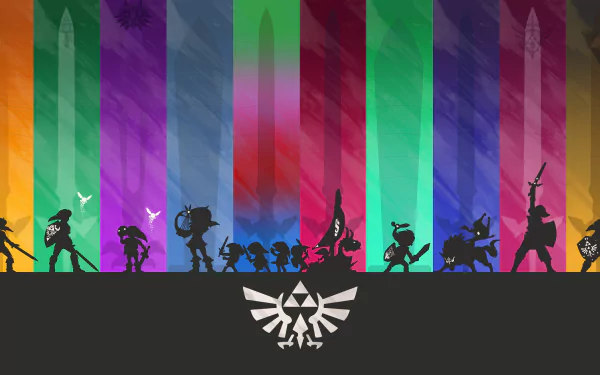 4K Ultra HD PC desktop wallpaper featuring silhouettes of Link from The Legend of Zelda series against colorful vertical stripes with a Triforce emblem below.