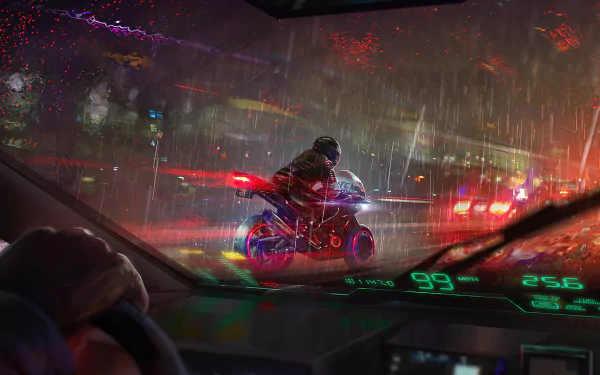 HD desktop wallpaper depicting a futuristic motorcycle scene in a cyberpunk, rainy city environment, viewed from inside a vehicle.
