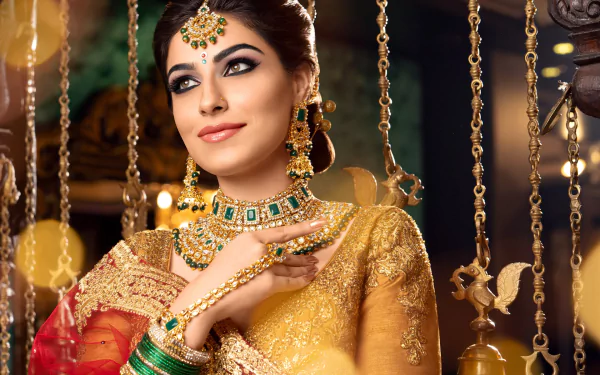 earrings necklace jewelry saree Indian woman model HD Desktop Wallpaper | Background Image
