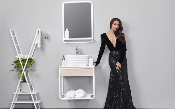 black dress long hair Bollywood actress Indian brunette model Celebrity malaika arora khan HD Desktop Wallpaper | Background Image