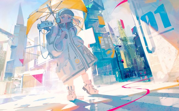 Anime Original City Umbrella Blonde HD Wallpaper | Background Image