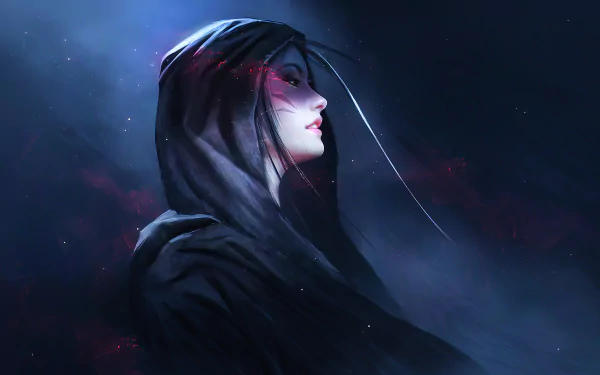 A mysterious hooded woman in a fantasy setting, featured in a high-definition desktop wallpaper and background.