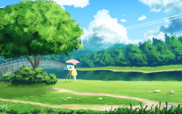 Anime Original Tree Umbrella Greenery HD Wallpaper | Background Image