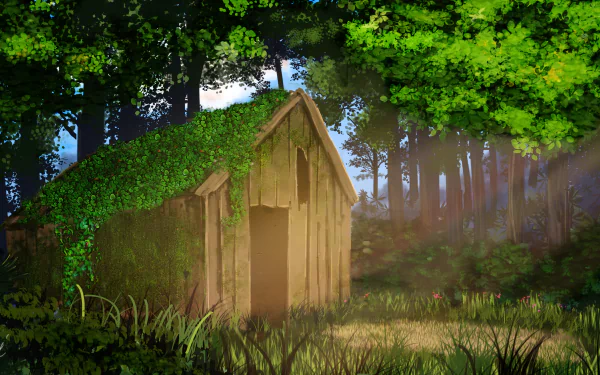 HD anime desktop wallpaper depicting a small wooden hut surrounded by lush green trees and sunlight filtering through the forest canopy.