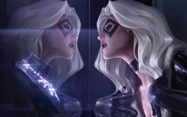 Comics Black Cat Reflection White Hair Necklace HD Wallpaper | Background Image