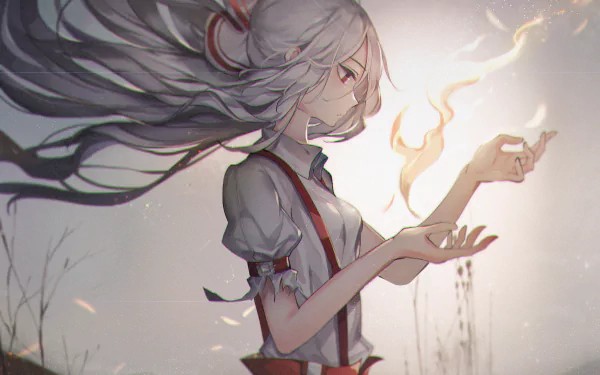 Fujiwara no Mokou from the anime Touhou stands gracefully with flowing hair, surrounded by a glowing aura, depicted in this HD desktop wallpaper.
