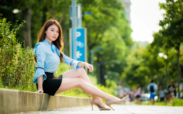 brunette long hair high heels depth of field model woman asian HD Desktop Wallpaper | Background Image