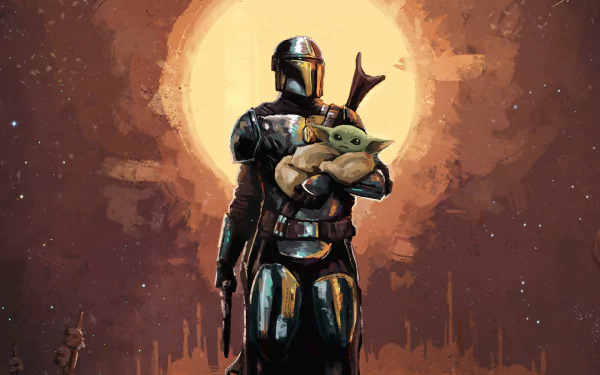 HD desktop wallpaper featuring The Mandalorian holding Grogu (Baby Yoda) from the Star Wars TV show The Mandalorian, set against a warm, textured background.