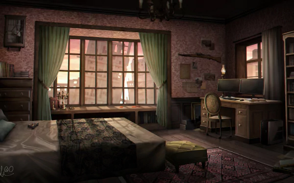 Anime-style cozy room with a bed, curtains, desk, and computer, rendered as a detailed 4K Ultra HD PC desktop wallpaper and background.