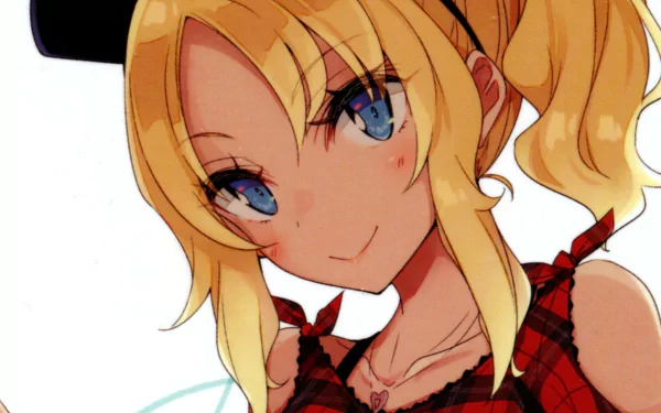 HD PC desktop wallpaper of Nodoka Toyohama (Rascal Does Not Dream of Bunny Girl Senpai): close-up of a smiling blonde, blue-eyed girl in a red plaid dress with a ponytail.
