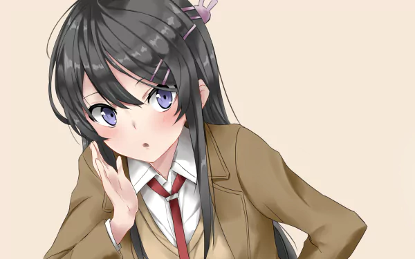 HD PC desktop wallpaper featuring Mai Sakurajima from the anime Rascal Does Not Dream of Bunny Girl Senpai, showcasing her in a school uniform with a neutral background.