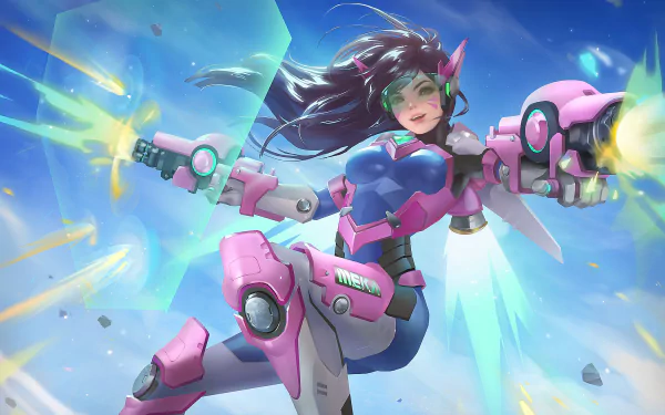 D.Va from Overwatch in vibrant armor, mid-action with glowing effects, depicted in a dynamic 4K Ultra HD video game desktop wallpaper.