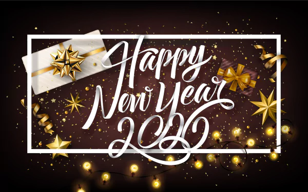 4K Ultra HD PC desktop wallpaper: white Happy New Year 2020 script inside a white frame on a dark confetti background with a gold-wrapped gift, bows, stars and string lights.