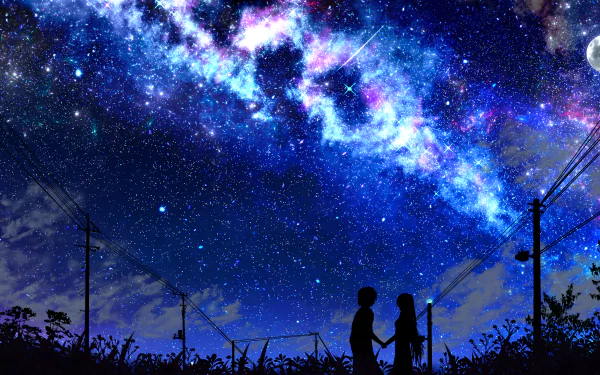 Silhouetted anime characters hold hands beneath a vivid 4K Ultra HD starry sky with the moon and a shooting star illuminating the night.