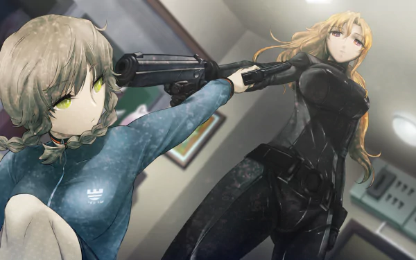 HD desktop wallpaper featuring Moeka Kiryū and Suzuha Amane from the anime Steins;Gate, depicted in an intense action scene.