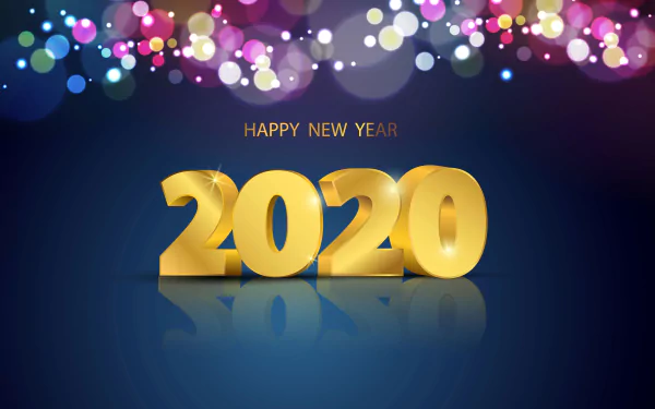 4K Ultra HD PC desktop wallpaper: golden 2020 with Happy New Year text on a reflective blue background and colorful bokeh lights — New Year holiday 2020 background.