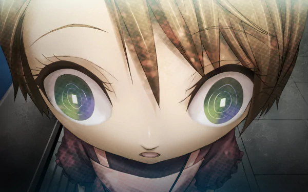Close-up of Nae Tennouji from Steins;Gate, anime HD PC desktop wallpaper showing wide reflective green eyes, pale face and anxious expression as she looks upward.