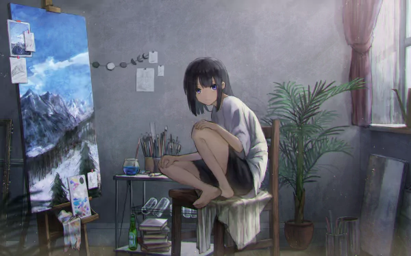 Anime-style drawing of a black-haired character sitting barefoot on a stool in a softly lit room, surrounded by art supplies and a window with sheer curtains.