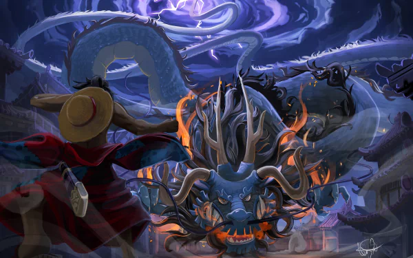 Anime wallpaper featuring Monkey D. Luffy facing Kaido from One Piece in an intense showdown with a dramatic, stormy background.