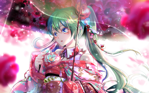 Anime Vocaloid Hatsune Miku Long Hair Blue Eyes Green Hair Kimono HD Wallpaper | Background Image