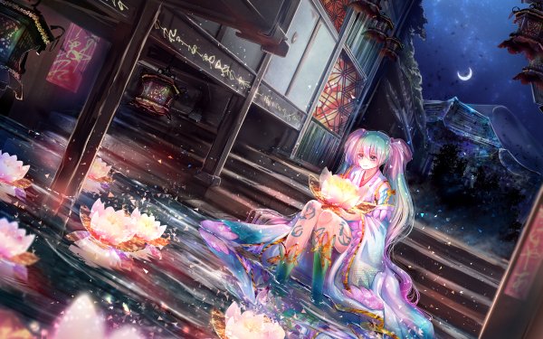 Anime Vocaloid Hatsune Miku Long Hair Water Flower Blue Hair Night HD Wallpaper | Background Image