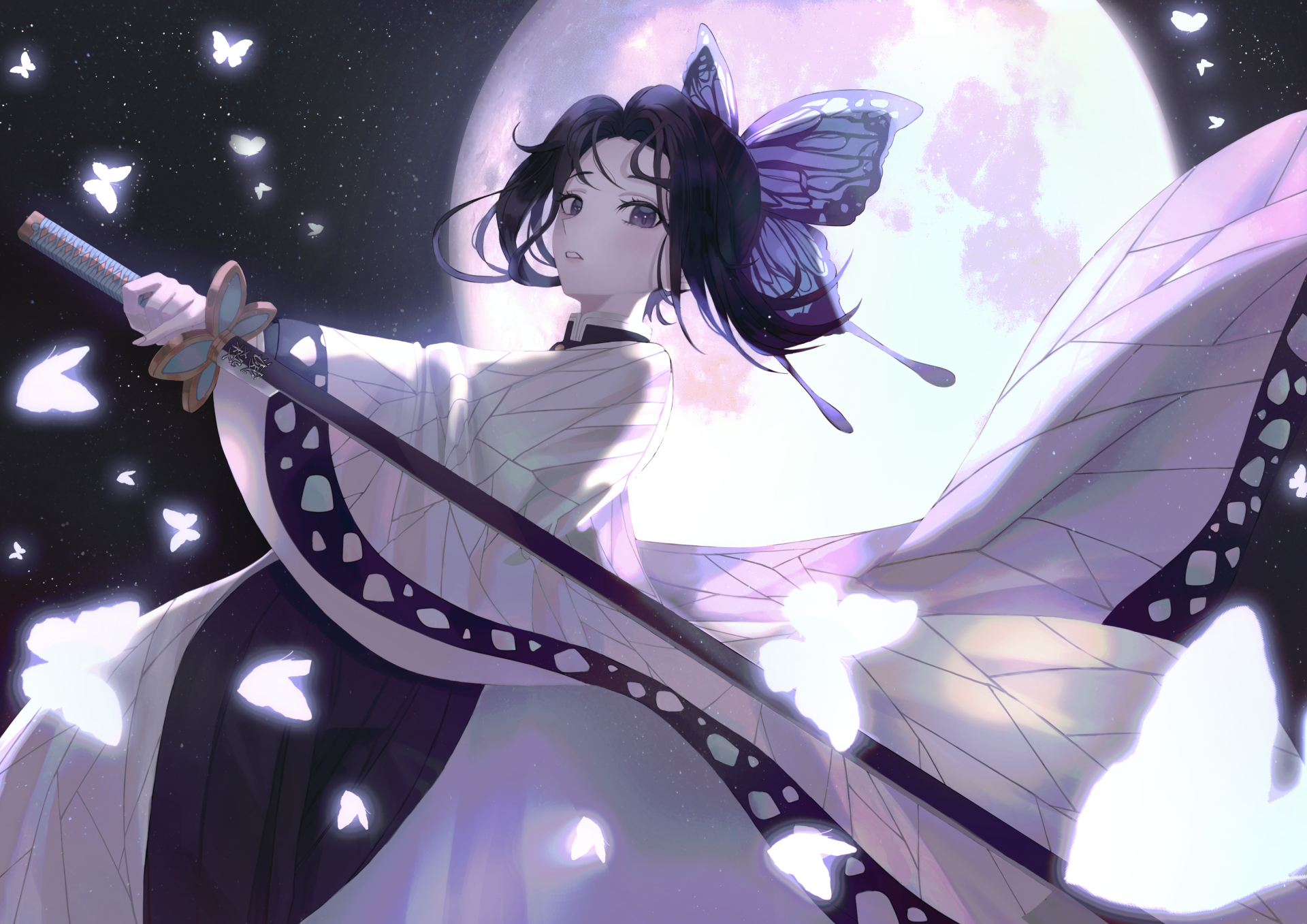 HD desktop wallpaper featuring Shinobu Kochou from Demon Slayer: Kimetsu no Yaiba, holding a sword with butterfly motifs against a moonlit backdrop. Butterflies surround her, enhancing the serene atmosphere.